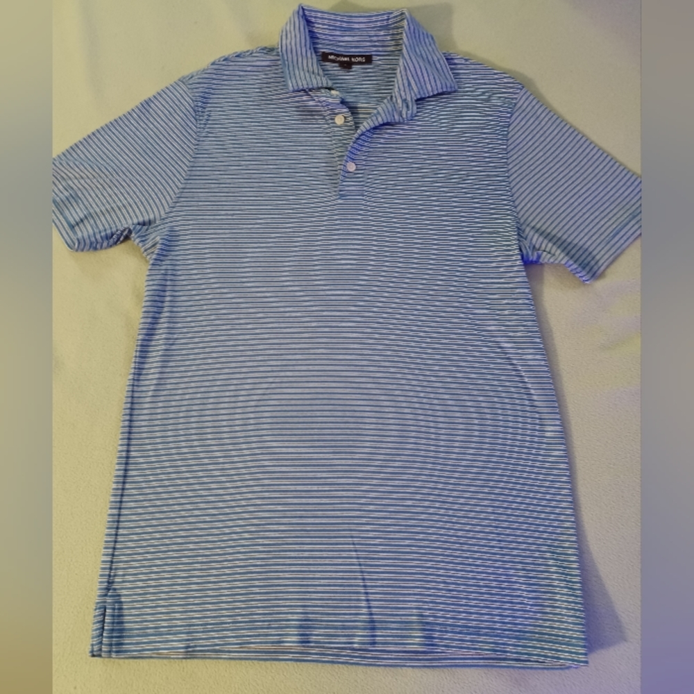 Michael Kors Polo Shirt Short Sleeve Blue White Striped Mens Size M Golf